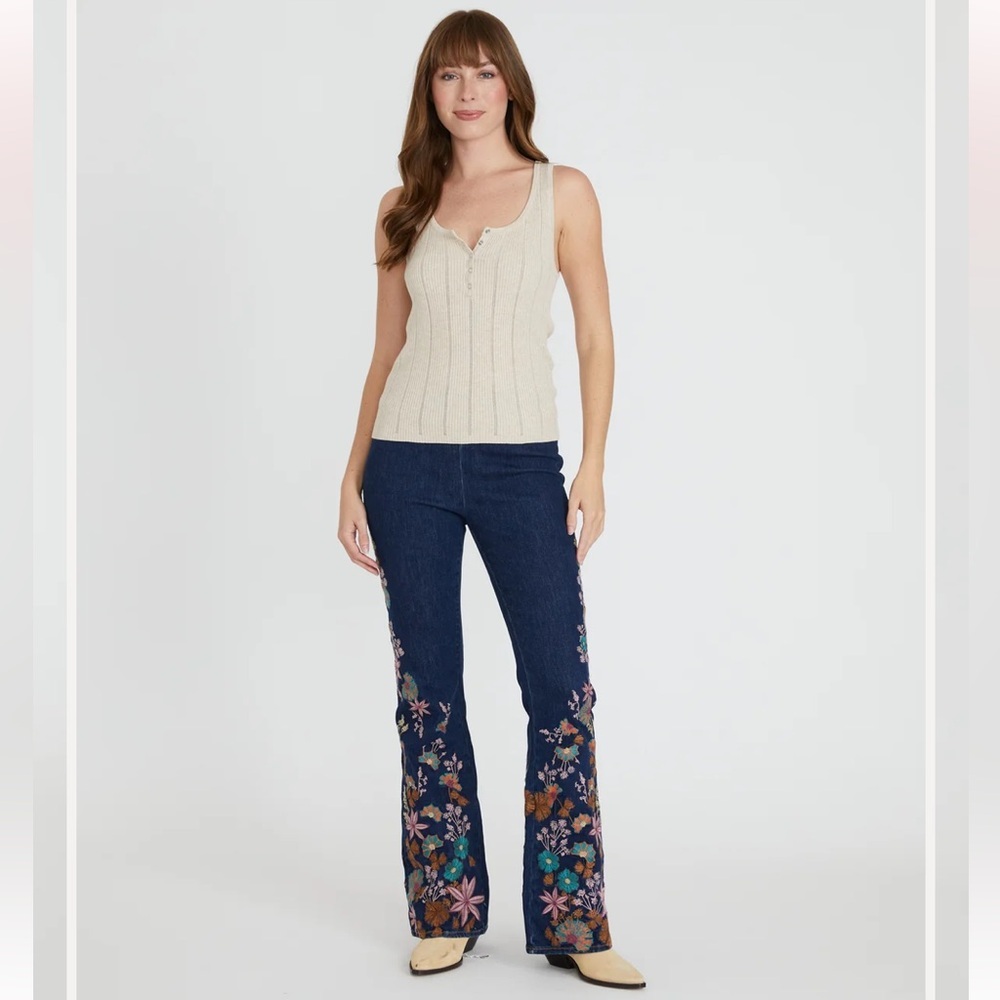 DRIFTWOOD Wide Leg Pull On Jeans - Far East, XL, Floral Embroidered Womens Jeans